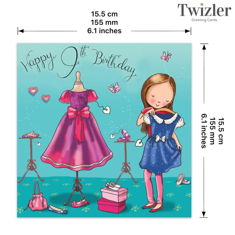 Twizler 9th Birthday Card for Girl with Dress - Girls Age 9 Year Old Childrens Happy Birthday Card Gifts - Image 3